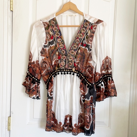 Luxe Moda boho tassel fringe V neck studded embroidered tunic blouse size S - Picture 2 of 12